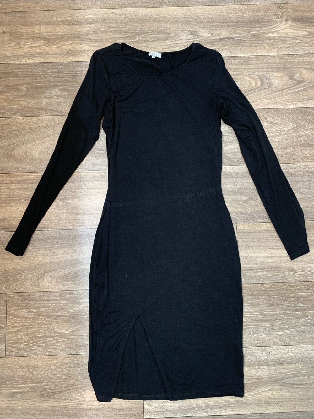 Tobi Black Long Sleeve Midi Bodycon Dress with Front Slit